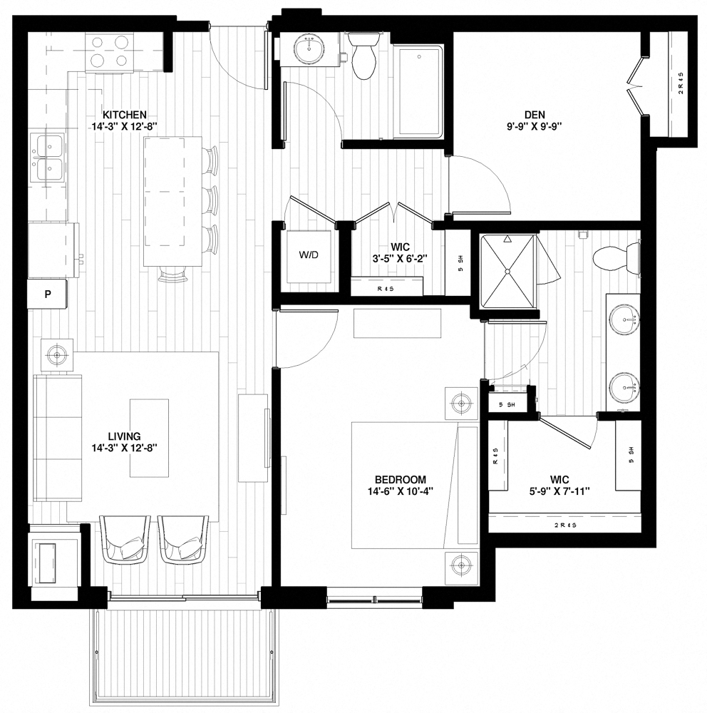 Floor plan for 1 bed, 2 baths, 949 sqft